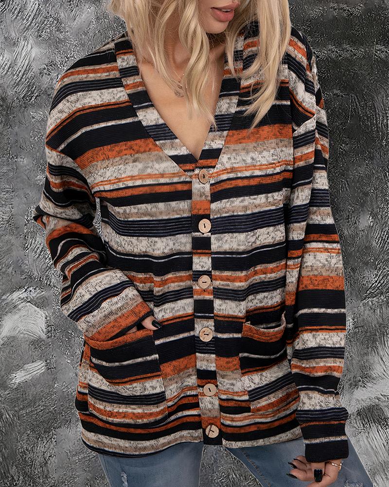 Striped Button Up Dual Pocket Sweater-Pinkami