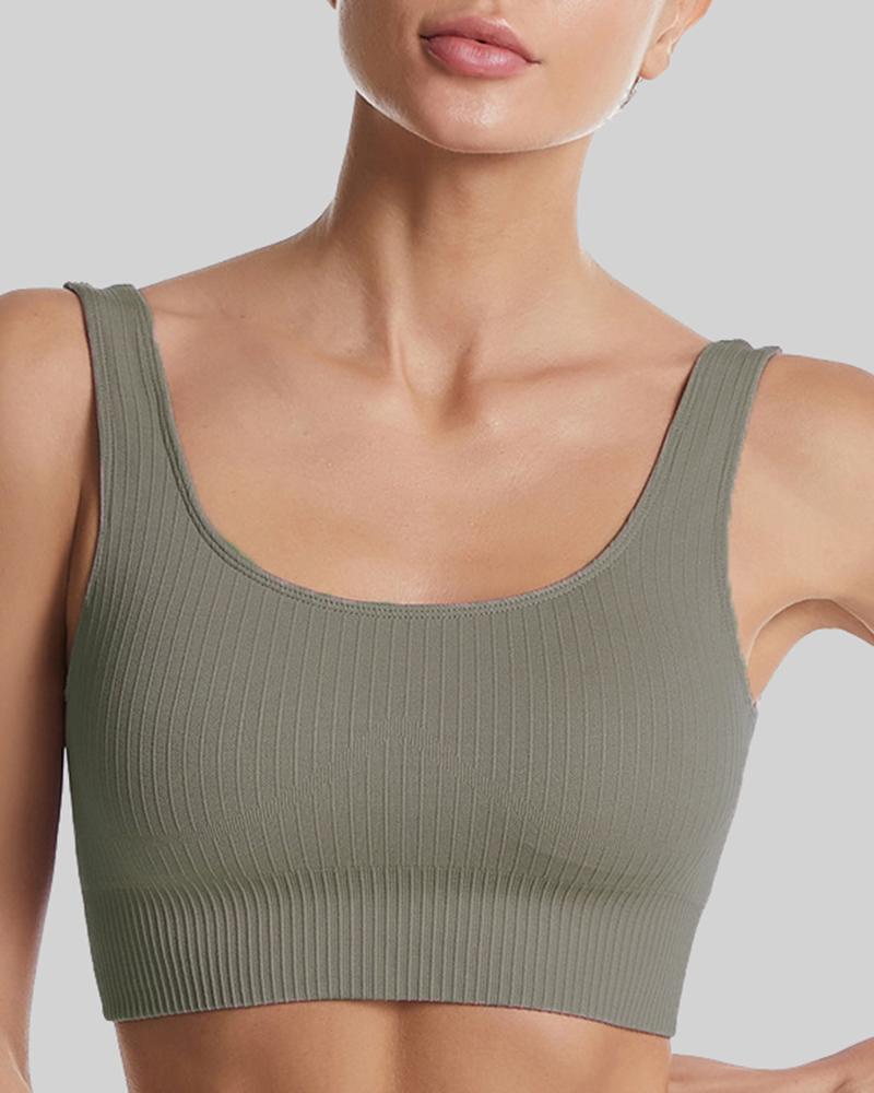 Rib-Knit Scoop Neck Cutout Back Sports Bra-Pinkami