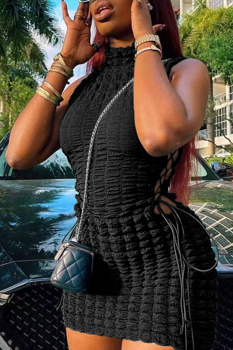 Smocked Lace Up Side Bodycon Dress