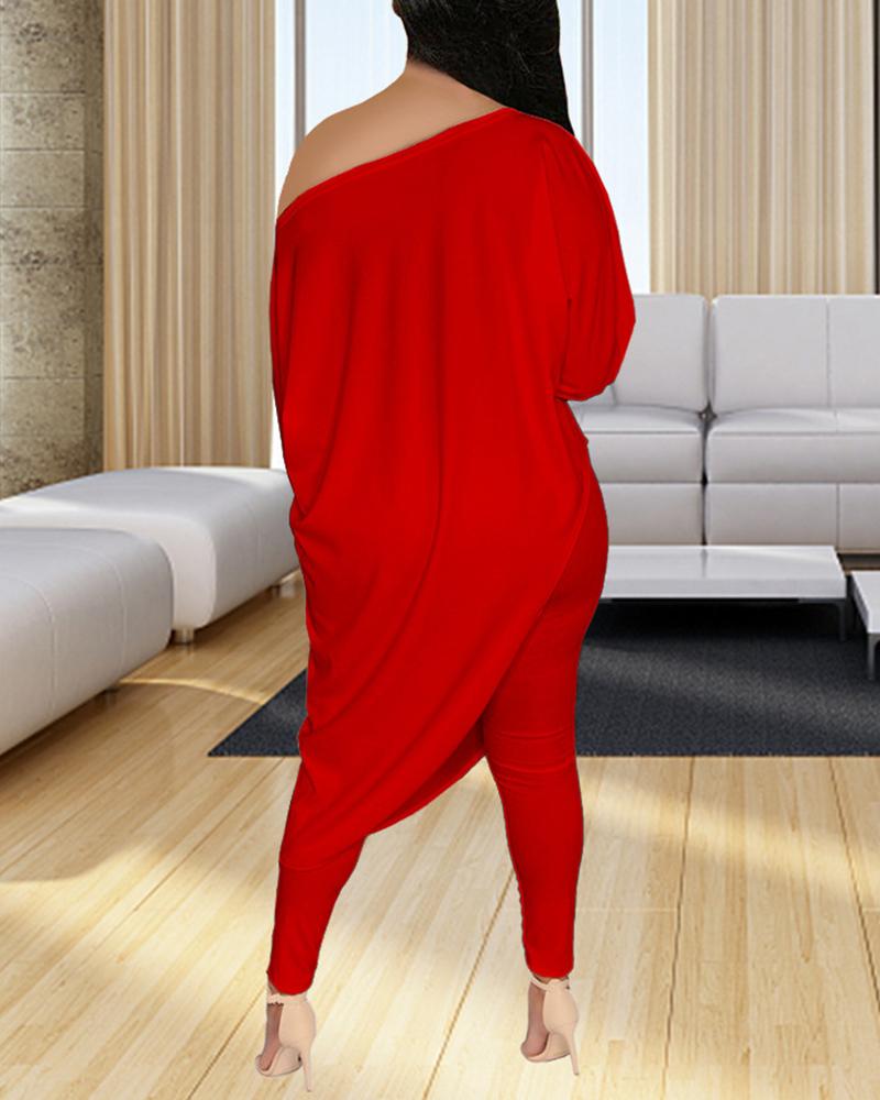 Solid Boat Neck Asymmetrical Long Sleeve Top & Pants Set-Pinkami