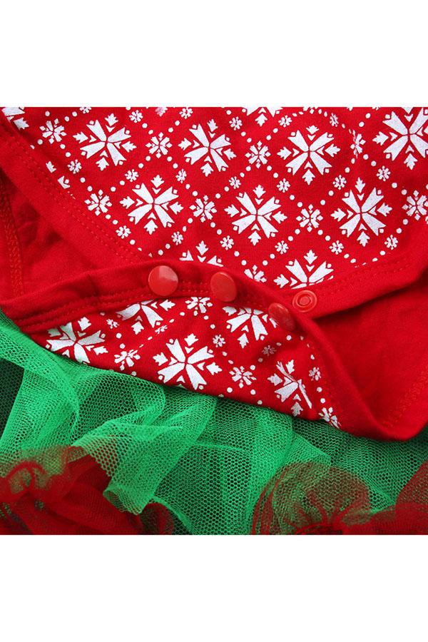 Short Sleeve Snowflake Print Baby Girls Christmas Tree Dress Green-Pinkami