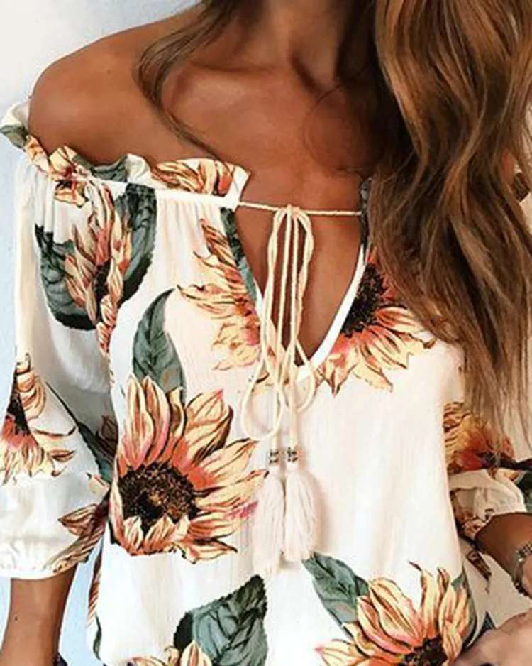 Floral Tassel Decor Tie Front Off Shoulder T-Shirt-Pinkami