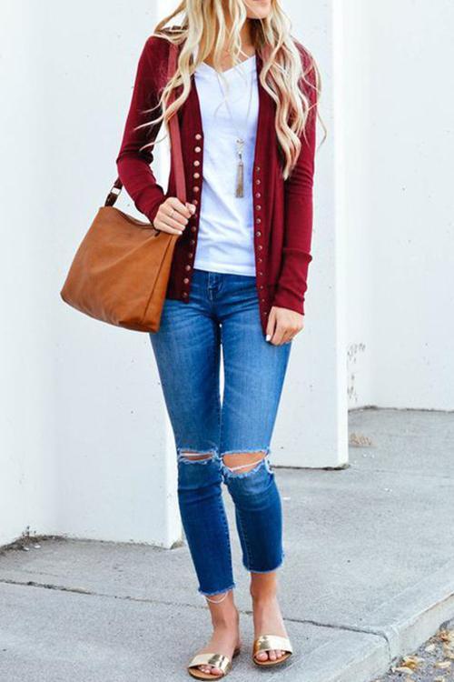 Design V-neck Long-sleeved Button Cardigan-Pinkami