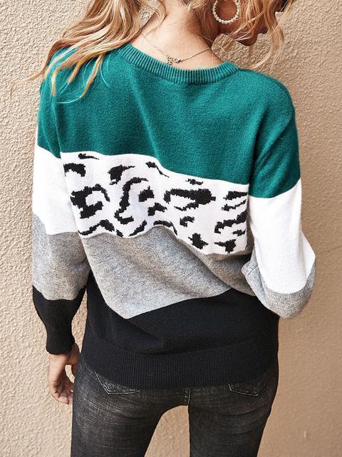 Color Block Leopard Patchwork Sweater-Pinkami