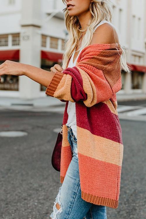 Contrast Stitching Sweater Cardigan-Pinkami