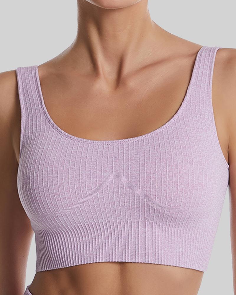 Rib-Knit Scoop Neck Cutout Back Sports Bra-Pinkami