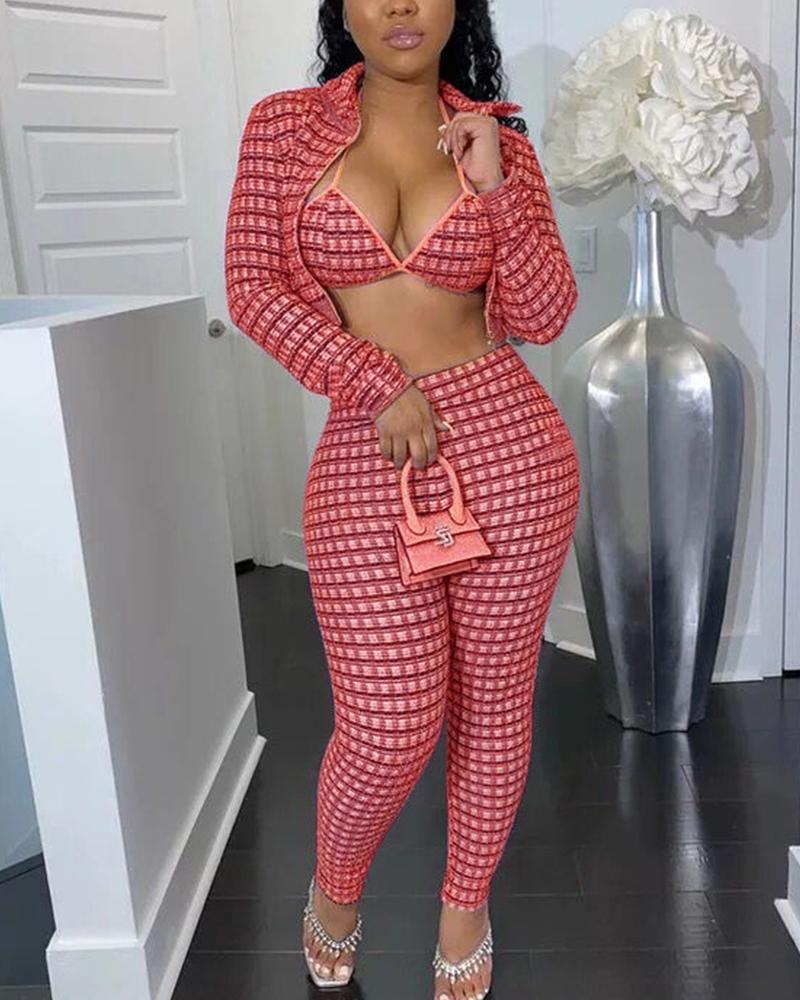 3 Piece Plaid Print Cami Top & Pants Set With Zip Up Jacket-Pinkami
