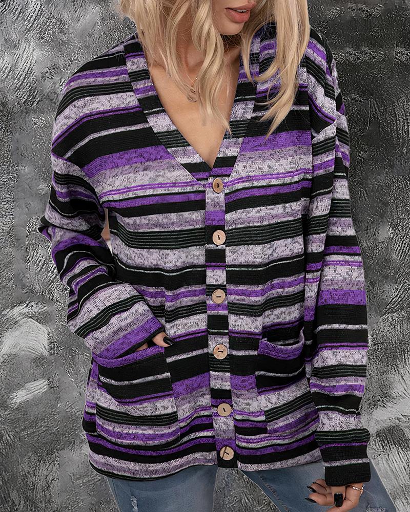 Striped Button Up Dual Pocket Sweater-Pinkami