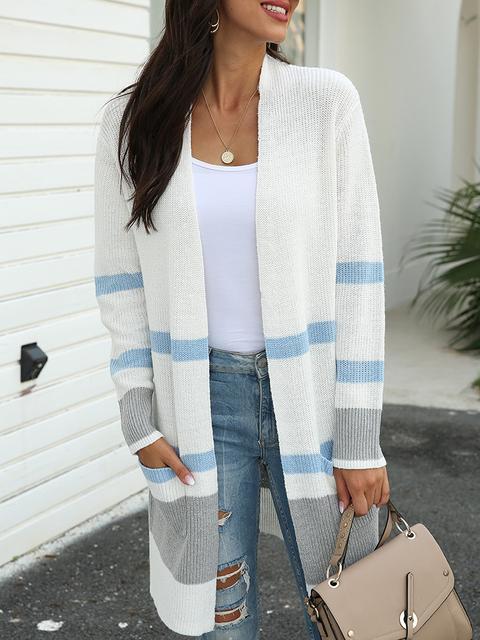 Stripe Stitching Contrast Sweater Cardigan-Pinkami