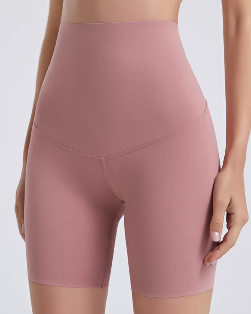 Wide Waistband Butt Lifting Contrast Stitch Sports Shorts-Pinkami