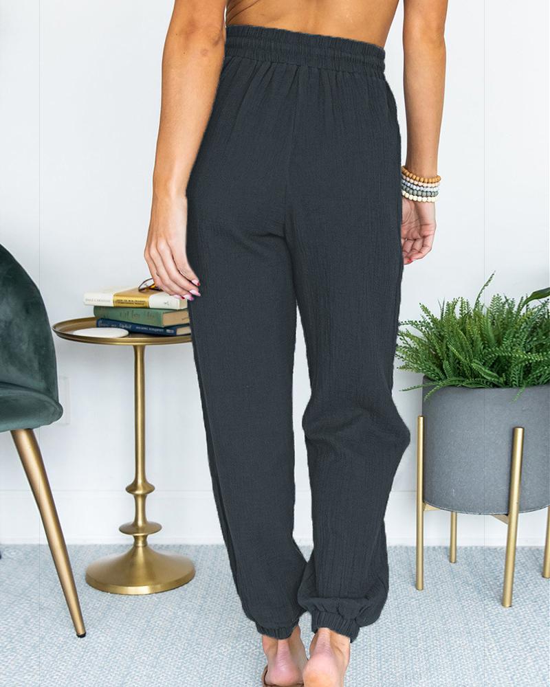 Solid Slant Pocket Drawstring Waist Joggers For Women-Pinkami