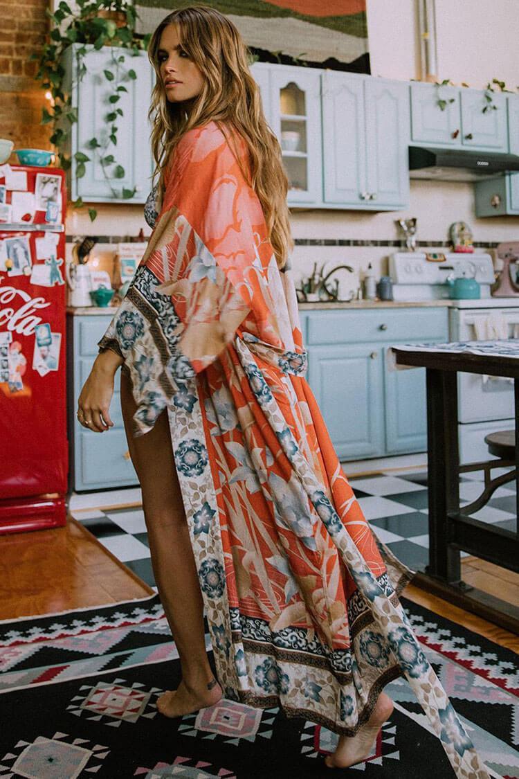Boho Printed Sleeved Belted Kimono Maxi Cover Up-Pinkami