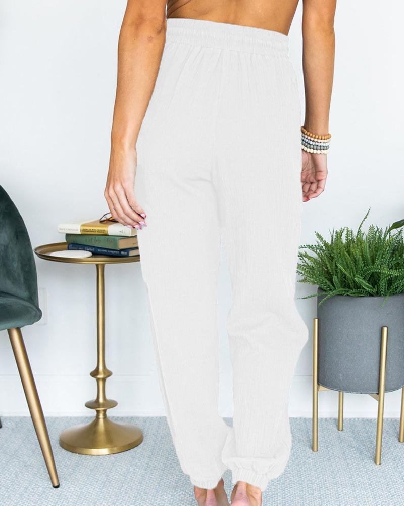 Solid Slant Pocket Drawstring Waist Joggers For Women-Pinkami