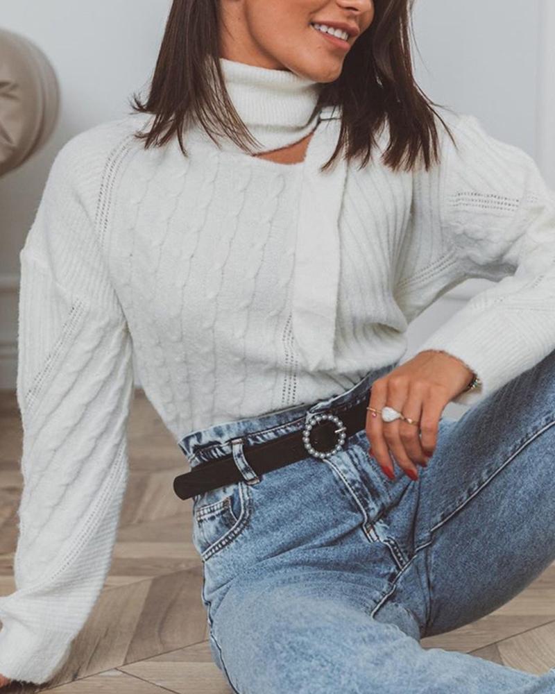 Solid Cable Knit Buckle Cutout Turtleneck Sweater-Pinkami