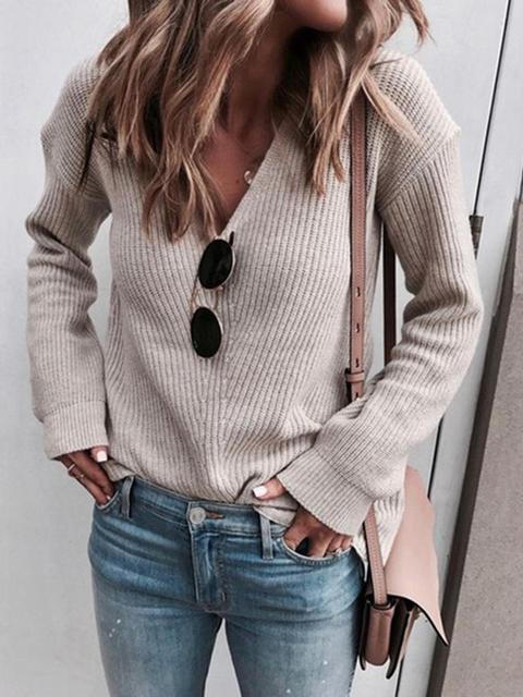 V-Neck Solid Color Knitted Sweater-Pinkami