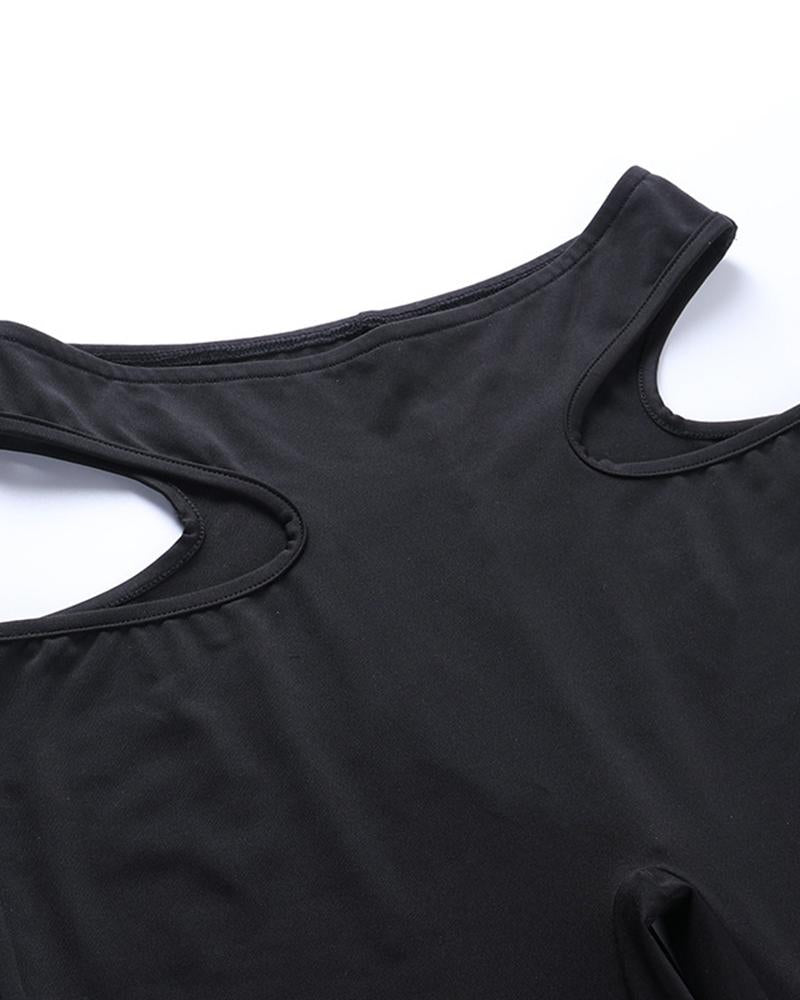 Solid Cut Out Split Hem Crop Tee & Pants Set-Pinkami