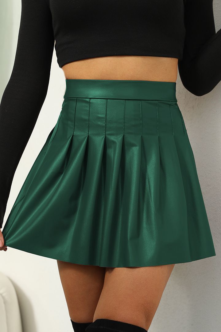 PU Leather Solid Pleated High Waist Mini Skirt