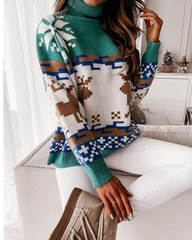 Colorblock Christmas Print Turtleneck Sweater-Pinkami