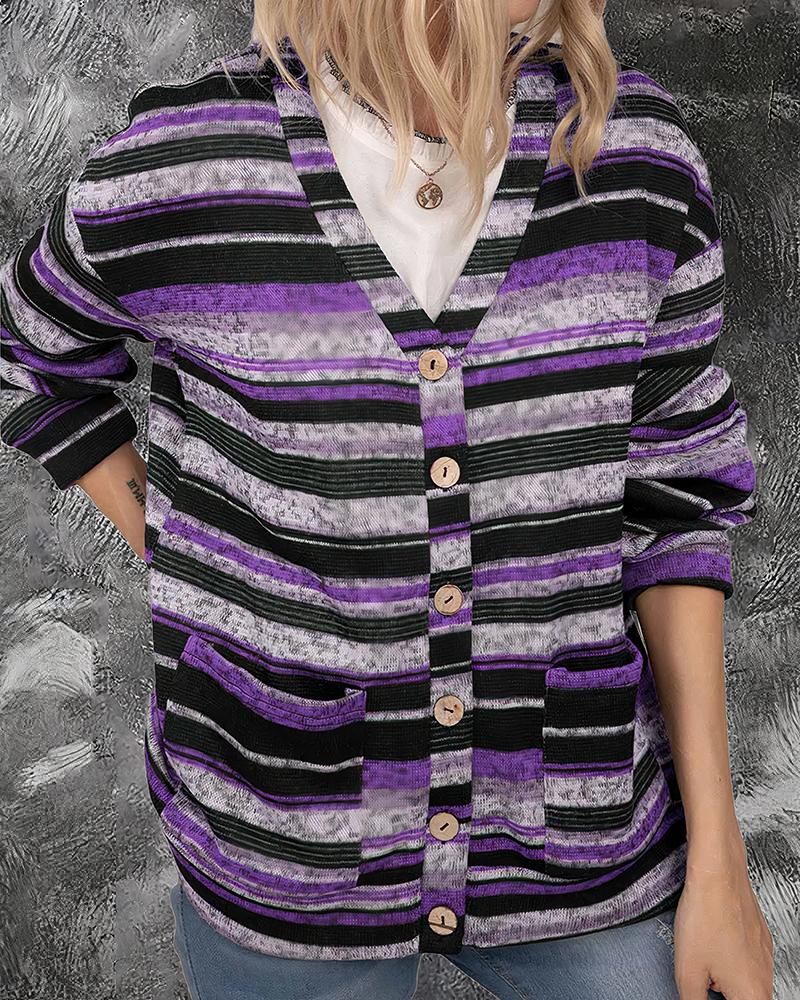 Striped Button Up Dual Pocket Sweater-Pinkami