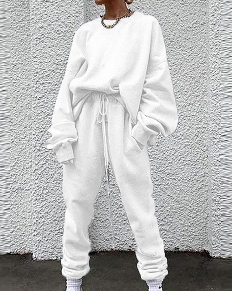 Solid Drawstring Waist Slant Pocket Elastic Hem Sweatshirt & Pants Set-Pinkami