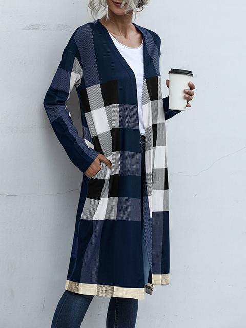 Plaid Print Long Cardigan Coat-Pinkami