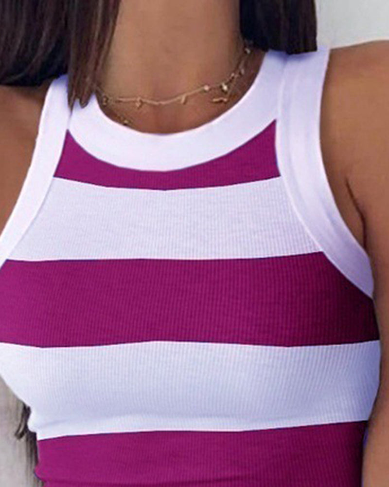 Striped Pattern Sleeveless Ribbed Tank Top-Pinkami