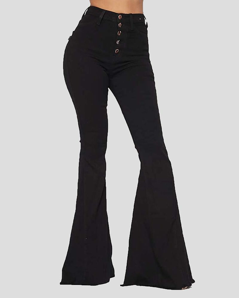 Women Solid Button Up Raw Hem Flare Leg High Waist Jeans-Pinkami