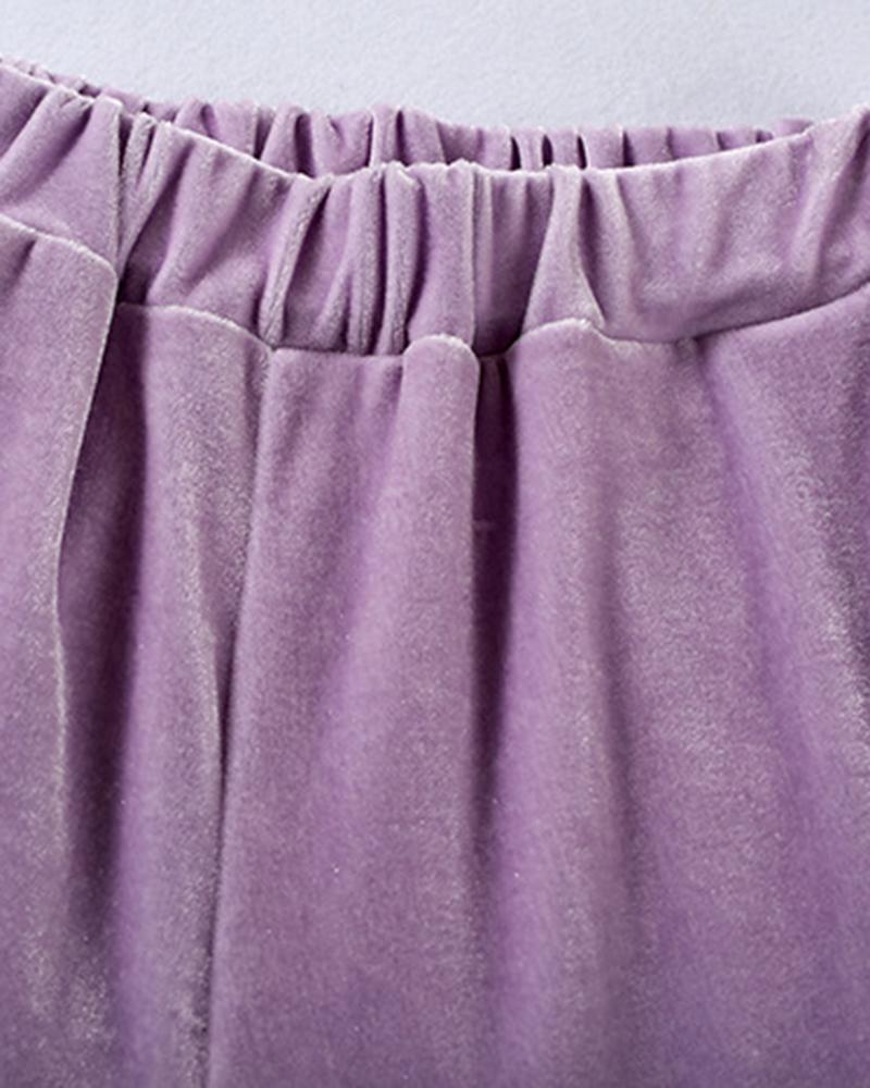 Solid Velvet Drawstring Boat Neck Top & Pants Set-Pinkami