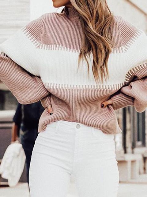 Casual Lantern Sleeve Knitted Sweater Pullover-Pinkami