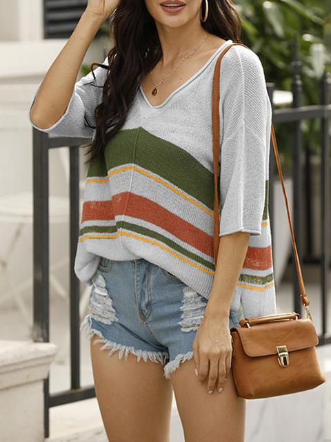 Striped Color Block V Neck Sweater-Pinkami
