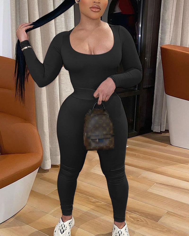 Solid Long Sleeve Scoop Neck Top & Pants Set-Pinkami