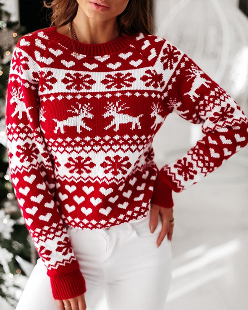 Elk & Snowflake Print Contrast Binding Ribbed Sweater-Pinkami