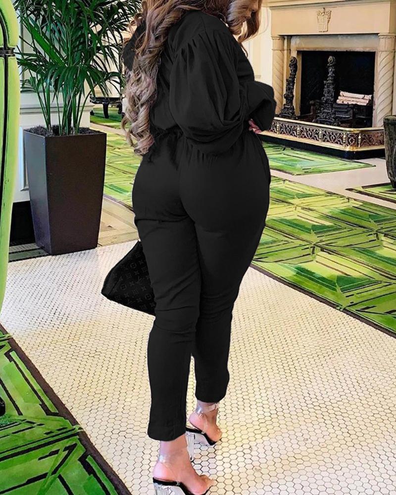 Solid Button Up Pocket Detail Top & Pants Set-Pinkami