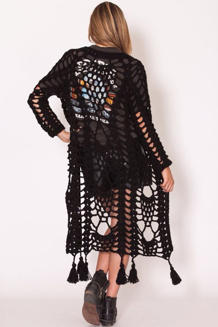 Boho Style Fringe Long Sleeve Crochet Cover Up-Pinkami