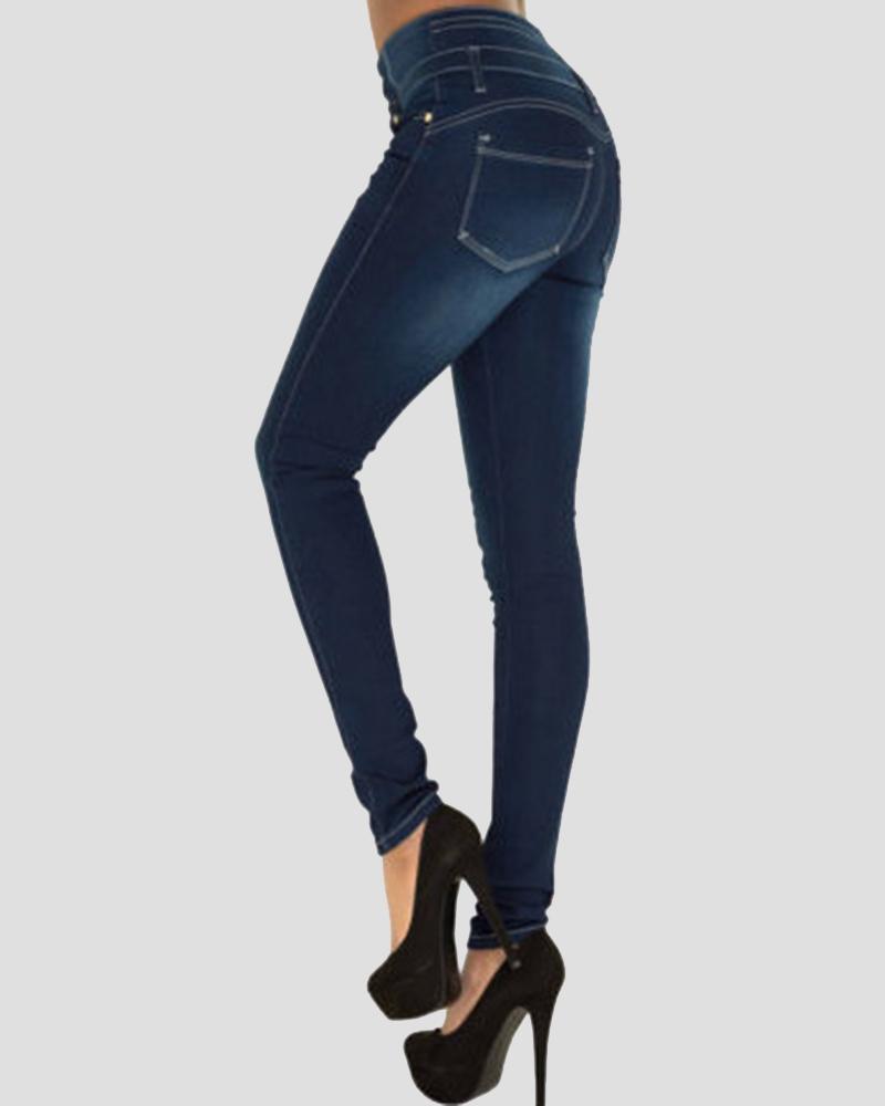Women Button Front High Waist Skinny Jeans-Pinkami