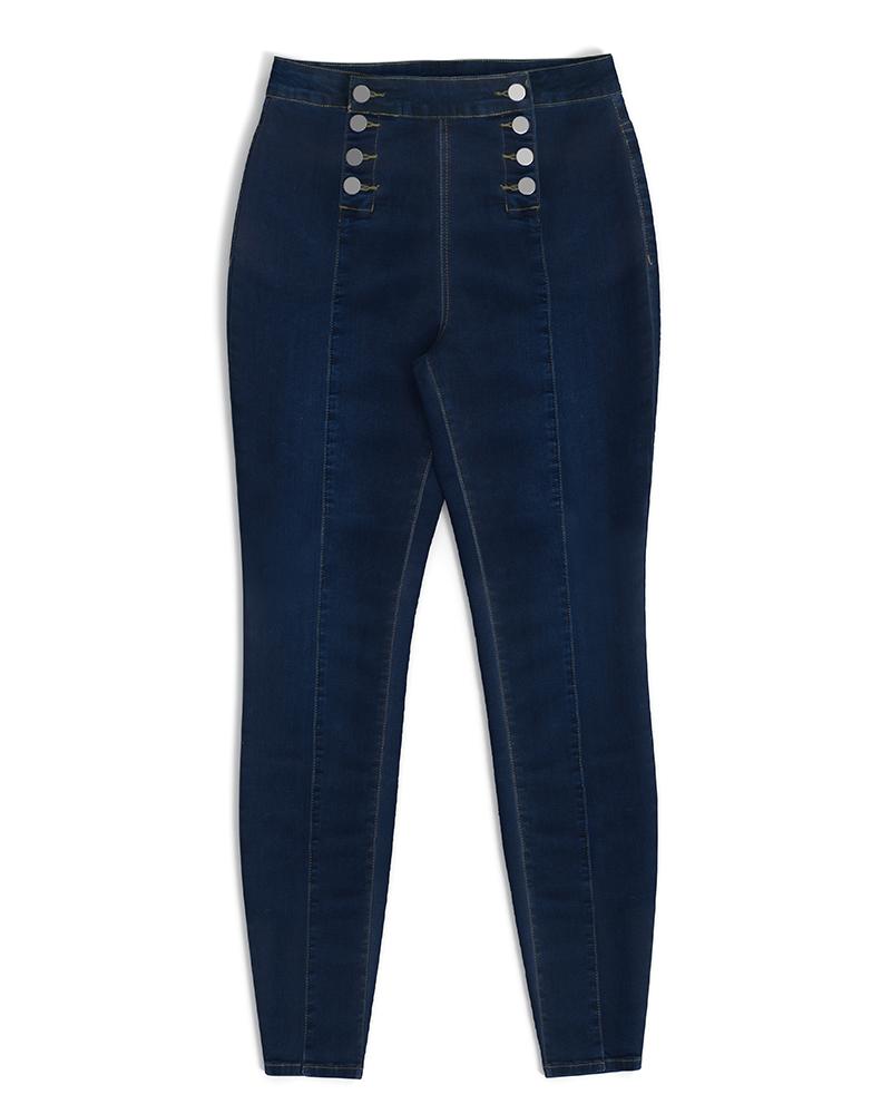 Women Double Breasted High Waist Skinny Jeans-Pinkami