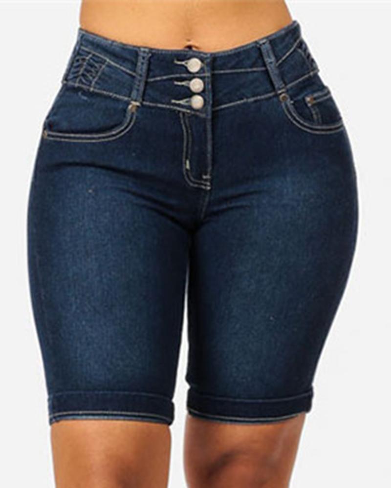 Women Solid Button Front Pocket Detail Demin Shorts-Pinkami