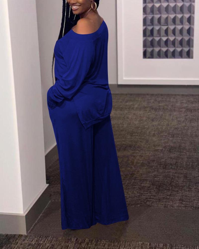 Solid Split Hem Boat Neck Top & Pants Set-Pinkami