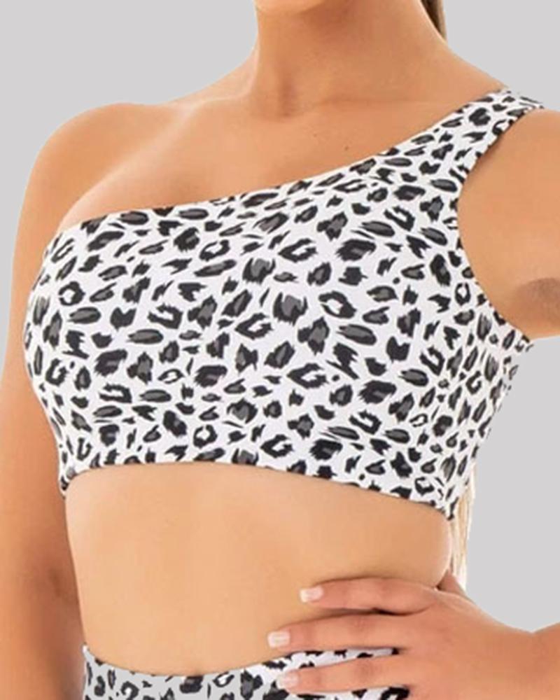Leopard Print One Shoulder Sports Bra-Pinkami