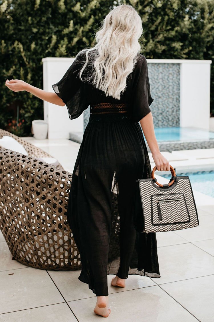 Sheer Sleeved Crochet Trim Maxi Cover Up-Pinkami