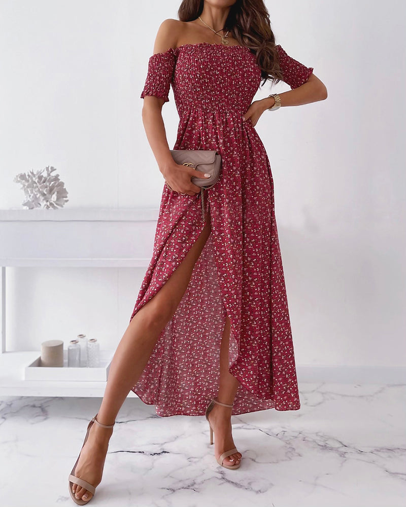 Ditsy Floral Print Shirred Split Thigh Off Shoulder Dress