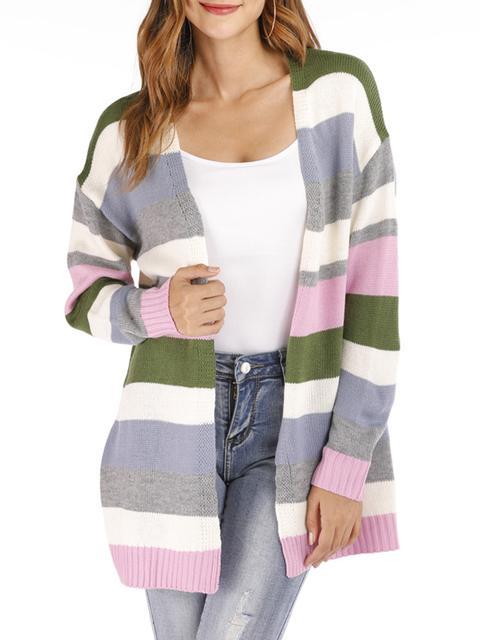 Stripe Splicing Knitted Sweater Cardigan-Pinkami
