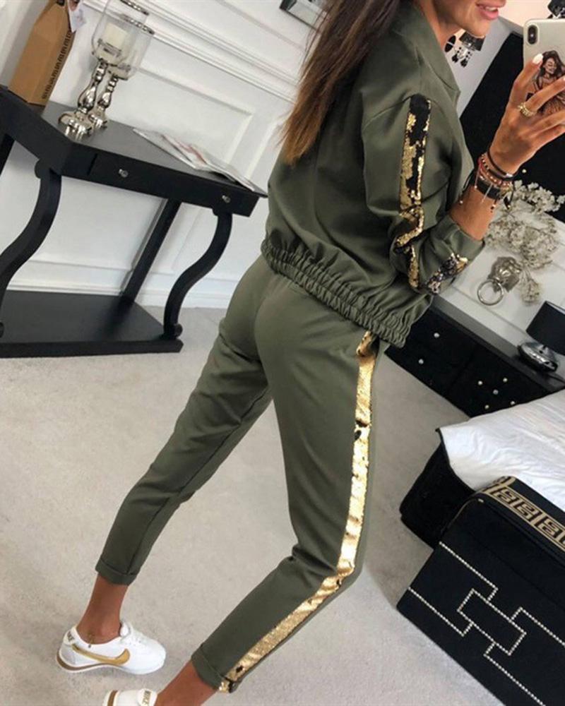 Sequins Decor Tape Zip Up Front Top & Cropped Pants Set-Pinkami