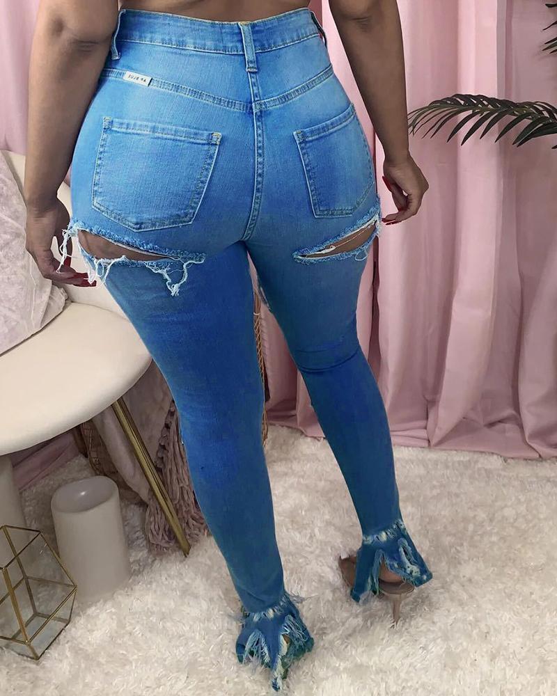 Women Plus Raw Hem Distressed Split Hem Skinny Jeans-Pinkami