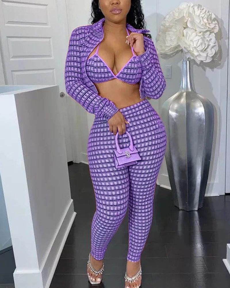3 Piece Plaid Print Cami Top & Pants Set With Zip Up Jacket-Pinkami