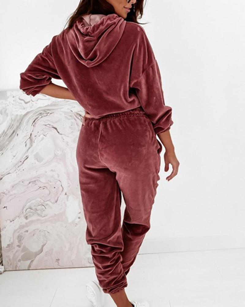 Solid Velvet Drawstring Detail Hoodie & Pants Set-Pinkami