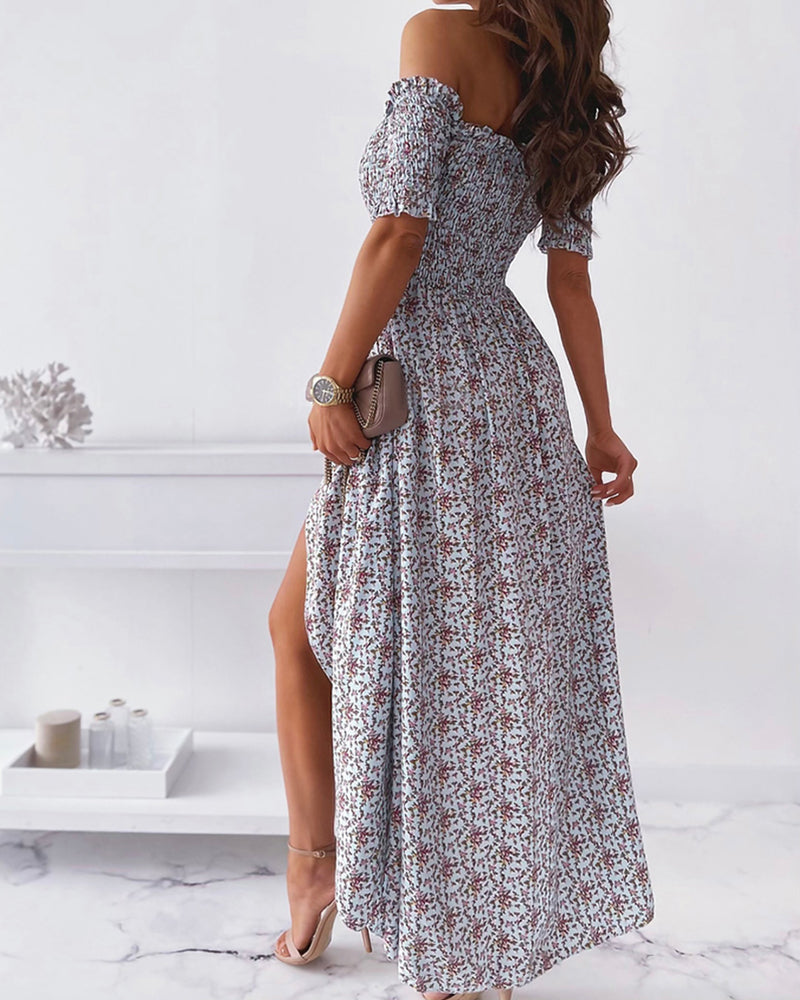 Ditsy Floral Print Shirred Split Thigh Off Shoulder Dress