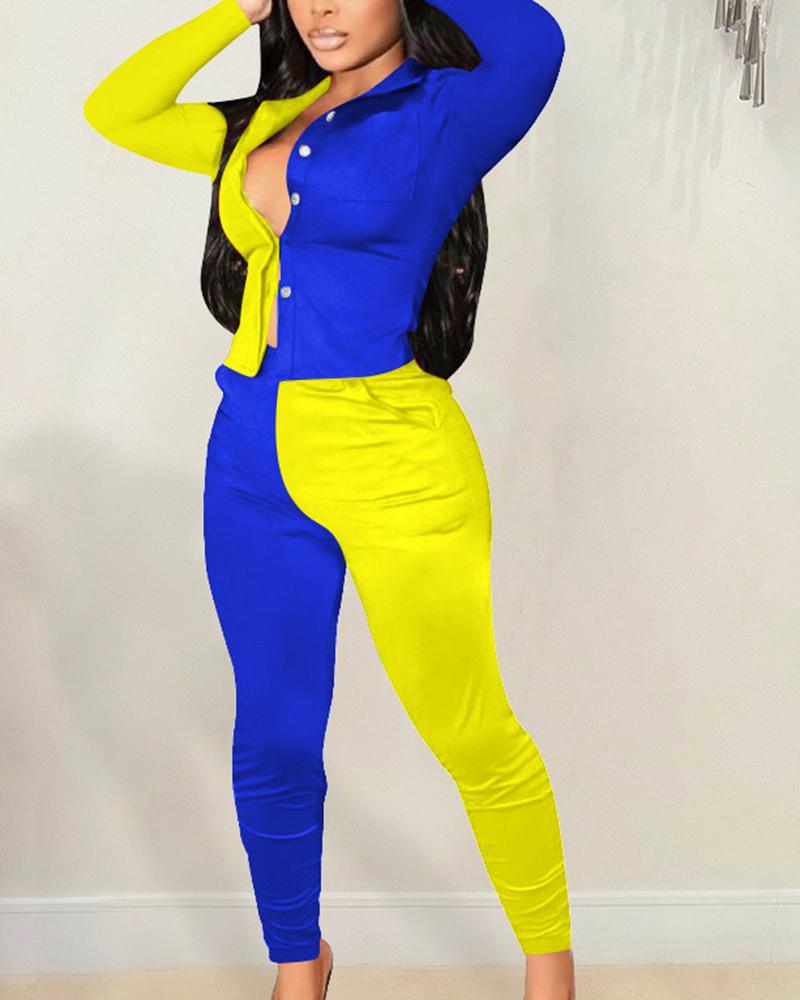 Colorblock Button Decor Slant Pocket Top & Pants Set-Pinkami