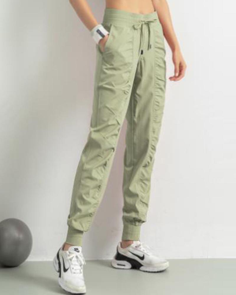 Quick Dry Drawstring Waist Ruched Front Sports Pants For Women-Pinkami