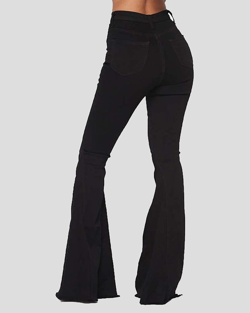 Women Solid Button Up Raw Hem Flare Leg High Waist Jeans-Pinkami
